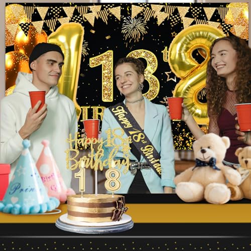 18th Birthday Decorations for Boys Girls with 18th Birthday Banner, Black and Gold Table Cloth, 18 Number Balloons, 18th Birthday Sash, 18th Birthday Cake Topper and 18th Birthday Candles