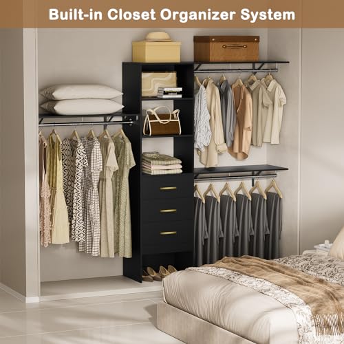 LOVMOR Built-in/Walk-in Closet System 8ft with Drawers and Shelves, 96inch Customizable Organizers and Storage Systems, Wall Mounted Wardrobe for Clothes Organization W/Expandable Rod