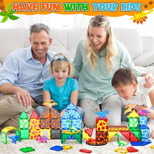 Dinosaur Toys Magnetic Tiles Lava Dinosaur World Set - Kids Games for 3+ Year Old Boys & Girls, Magnetic Blocks for Kids Ages 3-4 5-7 8-13 STEM Preschool Learning Montessori Toddler Toys