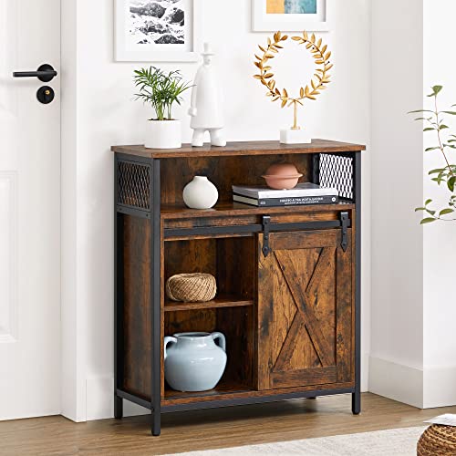 VASAGLE Buffet Cabinet, Sideboard with Open Compartment, Sliding Barn Door, 11.8"D x 27.6"W x 31.5"H, Rustic Brown and Black ULSC089B01