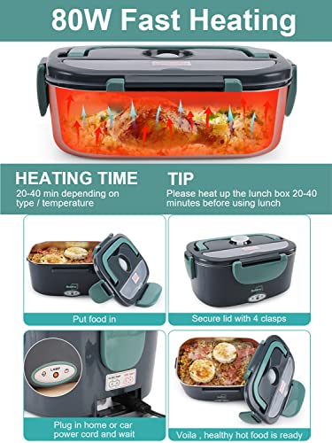 Buddew Electric Lunch Box 80W Food Heater for Adults, 12/24/110V Portable Lunch Warmer Upgraded Heated Lunch Box for Car/Truck/Office with SS Fork&Spoon and Insulated Carry Bag (Black)