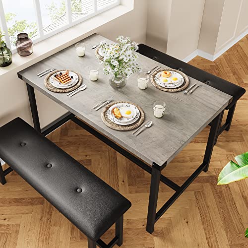 Alkmaar Kitchen Table Set with 2 Benches, Rectangular Dining Table for 4, Upholstered Benches, Farmhouse Style, Retro Gray