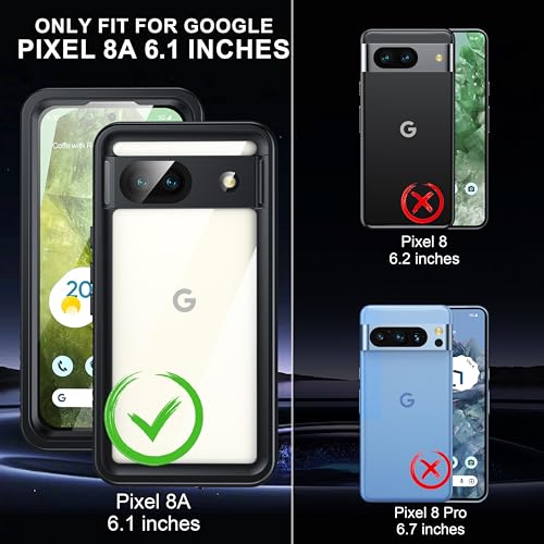 ANTSHARE for Google Pixel 8A Case, Pixel 8A Case Waterproof with Built-in Screen Protector, Full Body Sealed, Heavy Duty Shockproof Dustproof Snowproof Clear Phone Case for Pixel 8A - Black