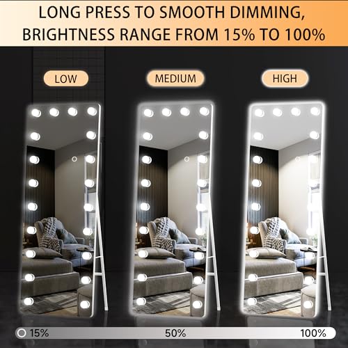 OUYOBO Full Length Mirror with Lights, 55" x 18" Led Standing Mirror, Hollywood Full Body Mirrors with Bulbs, Wall Mounted, 3 Colors Temperature