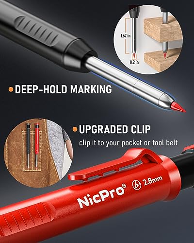 Nicpro 5 Pack Carpenter Pencil with Sharpener, Mechanical Pencils Set with 41 Refills (Red, Black, Yellow, White, Green, Blue), Deep Hole Marker Construction Heavy Duty Woodworking Pencils - With Case