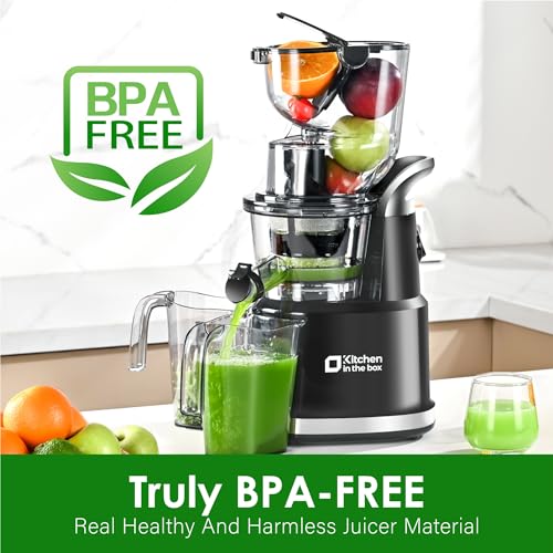 Kitchen in the Box Cold Press Juicer Machines,Slow Masticating Juicer Machine, With 3.26" Wide Feed Chute for Whole Fruits and Vegetables,BPA-Free,High Juice Yield Juicer Maker,Easy to Clean (Black)