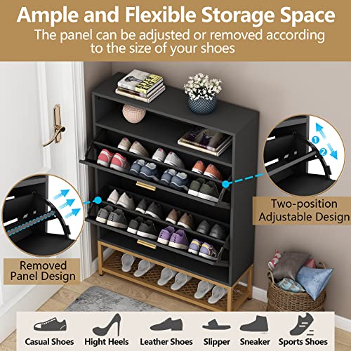 Loomie Shoe Cabinet, Free Standing Tipping Bucket Shoe Rack Organizer with 2 Flip Drawers,Entryway Narrow Shoe Storage with Shelf & Top Cubby,Modern Slim Hidden Cabinet With Doors (Black)
