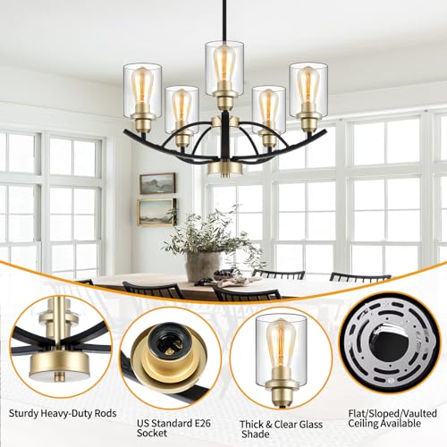 9MMML 5 Lights Glass Chandelier,Wrought Iron Pendant Light Fixtures, Gold+Black Finish Kitchen Island Lighting for Dining&Living Room Foyer Bar