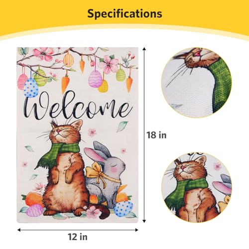 Easter Garden Flag, Welcome Garden Flag, Easter Bunny Cat Garden Flag, Spring Garden Flags 12x18 Double Sided, Decorative Garden Flags for All Seasons and Holidays