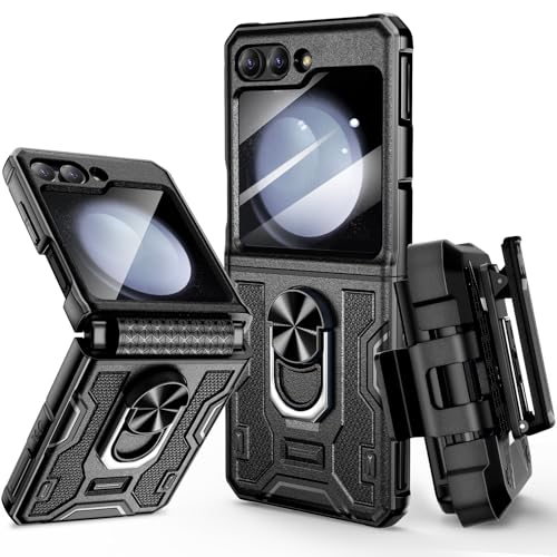 VEGO for Galaxy Z Flip 5 Case with Stand, 360°Ring Magnetic Ring Kickstand & Belt Clip Holster & Camera Screen Protector & Hinge Protection, Shockproof Case for Samsung Flip 5 5G - Black