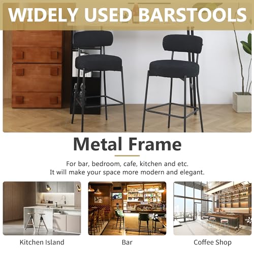 DYHOME Bar Stools Set of 2, 27 Inches Black Boucle Counter Height Bar Stools with Back, Modern Metal Barstools for Kitchen Island