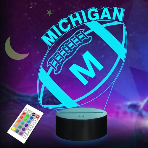 3D Football Michigan Night Light, Football Gifts, 3D Illusion Lamp for Boys Gift 16 Changing Color Remote Control Kids Room Lighting Ball Decor (Michigan Multicoloured)