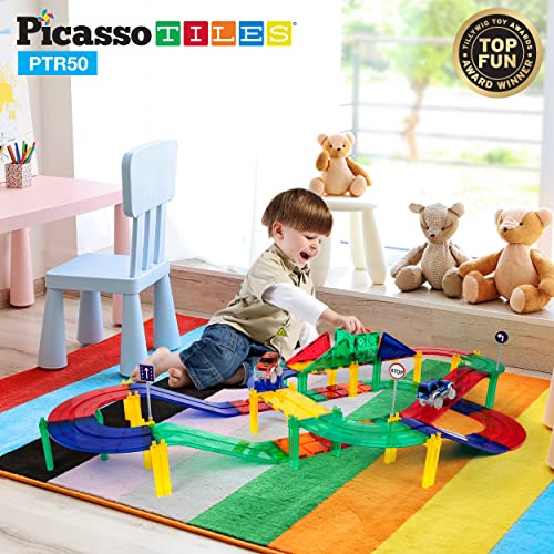 PicassoTiles 50 Piece Race Car Track Building Block Educational Toy Set Magnetic Tiles Magnet DIY Playset 2 Light Up STEM Learning Construction Kit Hand-Eye Coordination Fine Motor Skill Training