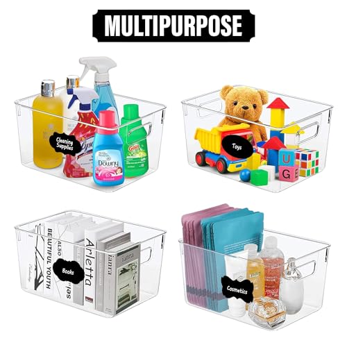 Clear storage organizer bins with Labels, Kitchen Pantry Organizers and Storage Baskets Fridge Containers for Organizing Cabinet Organization Perfect for, Foods, Snacks, Chips, Vitamin, Spices