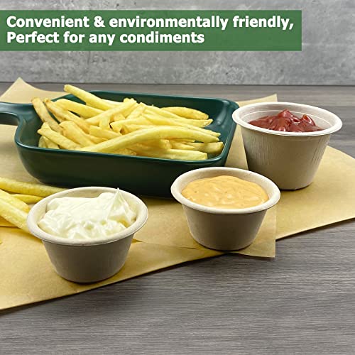 CAMKYDE 2 oz Disposable Bagasse Fiber Souffle Cups 100pk, 100% Natural Biodegradable Compostable Condiment Cups Sample Cup Tasting Cup (Natural, Pack of 100)