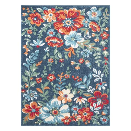 TOWN & COUNTRY EVERYDAY Hibiscus Bloom Modern Floral Indoor Outdoor Area Rug, UV Fade Resistant, High-Low Pile, Blue/Red/Beige, 3'11"x5'2"