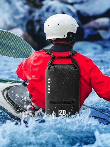 HEETA Waterproof Dry Bag with Front Zippered Pocket for Women Men, 5L/10L/20L/30L/40L Roll Top Lightweight Dry Storage Bag Backpack for Travel, Kayaking, Boating, Rafting, Camping, Beach (Black, 5L)