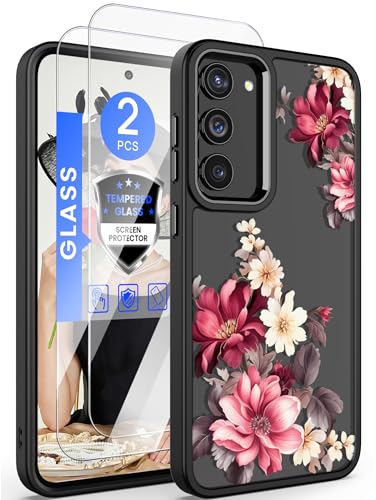 Dretal for Samsung Galaxy S23 Plus Floral Case, Military Grade Drop Tested Hard Back & Soft Edge Slim Flower Women Girls Phone Protective Cover with Tempered Glass Screen Protector (Black, JD)