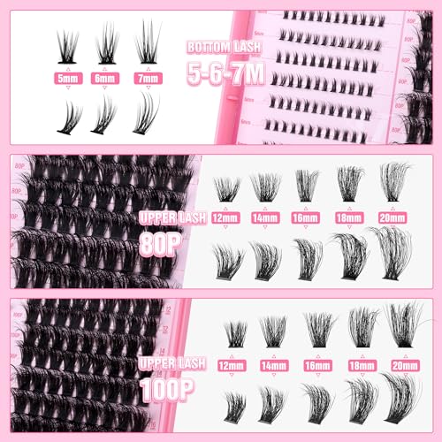 ALPHONSE Fluffy Lash Clusters with Bottom Lashes 12-20MM Cluster Eyelash Extensions Thick Volume Individual Lashes 320pcs DIY Lash Extension Clusters for Beginners (80D+100D)