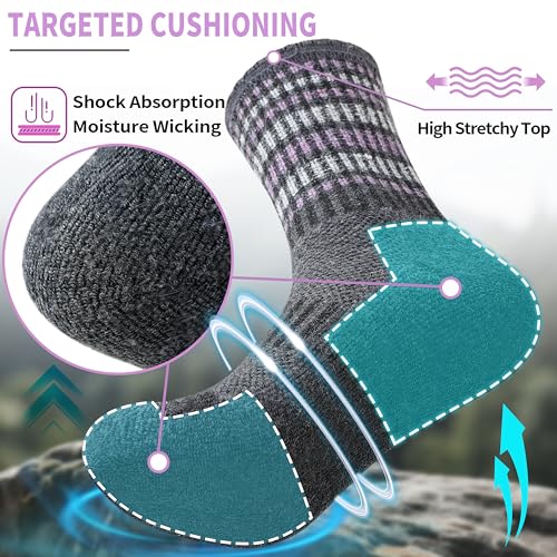 EBMORE Womens Merino Wool Hiking Socks Thermal Warm Winter Boot Crew Cushion Work Gift Socks 5 Pairs(Striped-A,M)