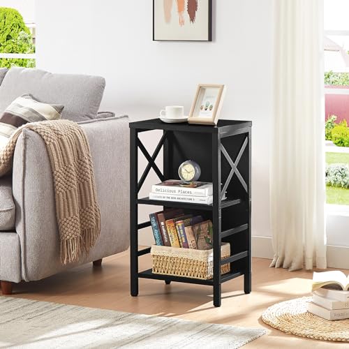 MNEETRUNG Small Bookcase,3 Tier Industrial Short Bookshelf with Metal Frame and Backboard,Low Black Bookshelf, Small Office Book Shelf for Small Spaces, Living Room, Bedroom and Home Office