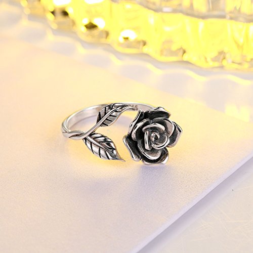 Alphm S925 Sterling Silver Adjustable Wrap Open Lotus Rings Rose Flower Ring for Women Floral Jewelry