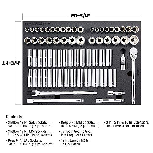 Powerbuilt Master Socket 69 Piece Set, 1/2 Drive, SAE and Metric, 6 and 12 Point, Deep Sockets, Extension Bars, Ratchet - 949006