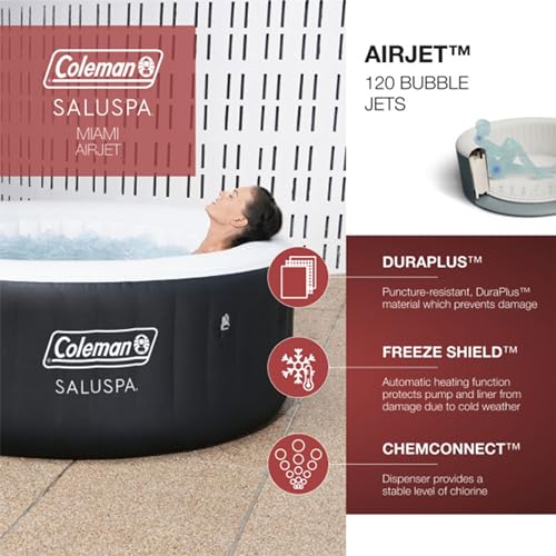 Coleman SaluSpa Miami AirJet 2 to 4 Person Round Inflatable Hot Tub Portable Outdoor Spa with 60 Soothing AirJets and Insulated Cover, Black