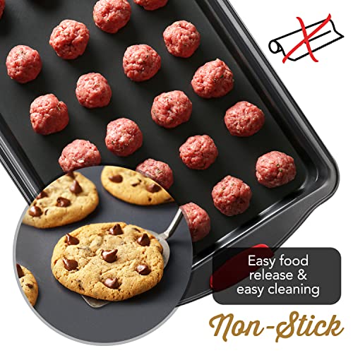 Baking Sheet Set, 2-Piece Cookie Sheet Set with Silicone Handles, Steel Baking Pan, Durable Baking Sheets for Oven, BPA Free Cookie Sheets for Baking Nonstick Set, Premium Sheet Pan, Black Baking Tray