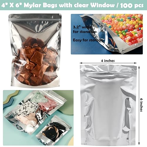 150-Pack 14" x 10" Large Reclosable Mylar Bags for Food Storage Stand Up 1 Gallon Bags Resealable Smell Proof Aluminum Silver Foil Pouches with Clear Window Kitchen Storage Edible Packaging