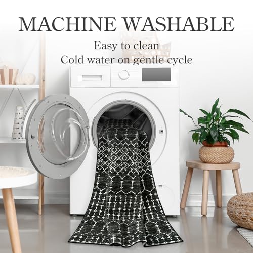 Lahome Moroccan Black Rug for Living Room - Washable Area Rug 5x7 Non-Slip Ultra-Thin Soft Bedroom Rugs Large Stain Resistant Dining Room Rugs, Geometric Print Modren Carpet Rug for Office Entryway