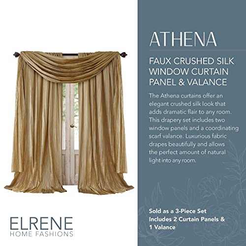 Elrene Home Fashions Athena Faux Crushed-Silk Window Curtain Panel and Valance Set, 52"x84" (2 Panels) & 1 Valance, Gold