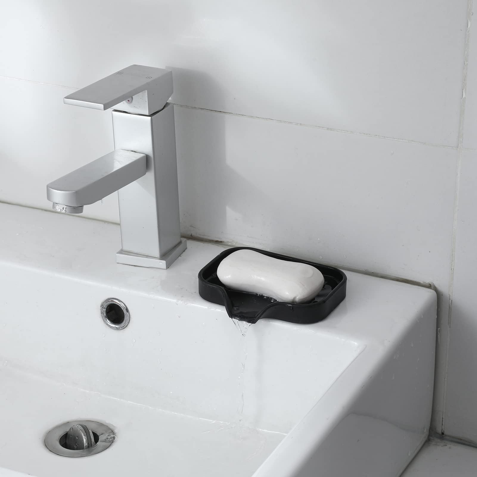 MicoYang Silicone Bathroom Soap Dishes with Drain Spout-Bathroom and Kitchen Sink Organizer,Sponge Holder,Dish Soap Tray,Perfect for Dispenser,Scrubber,Bottle,Cup on Sink or Counter-Black 4.9"×3.2"