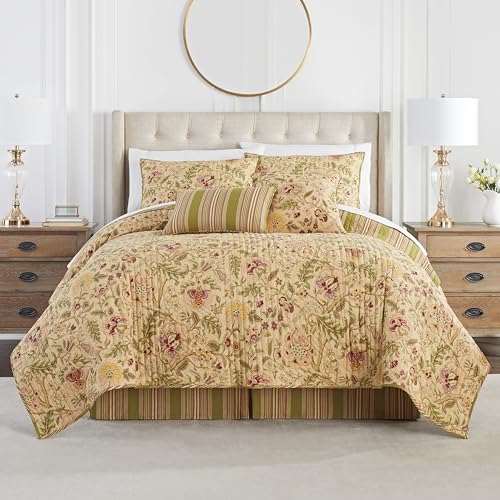 Waverly Imperial Dress Jacobean Floral Soft All Season Reversible 4-Piece Quilt Bedspread Set, King, Porcelain