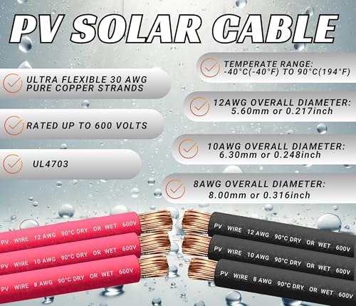 WindyNation 8 AWG 8 Gauge Pair 10 Feet Black + 10 Feet Red PV Photovoltaic Solar Panel Extension Cable Wire Solar Connector (Variety of Lengths Available)
