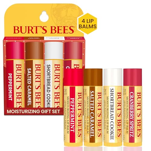 Burt's Bees Christmas Gifts, 4 Lip Balms Stocking Stuffers Products, Festive Fix Set - Peppermint, Salted Caramel, Cranberry Spritz & Shortbread Cookie (4-Pack)