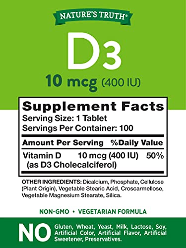 Nature's Truth Vitamin D3 400 iu (10 mcg) |100 Tablets | Vegetarian, Non-GMO, & Gluten Free Supplement