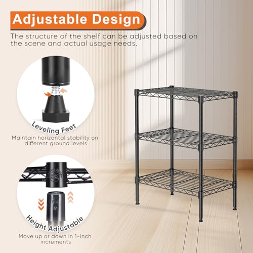 Sweetcrispy 3-Tier Storage Shelving Unit, Adjustable Metal Wire Racks Heavy Duty Standing Shelf Organizer for Kitchen, Closet, Pantry, Garage, Bathroom, Laundry (13.8" D x 23.6" W x 30" H)