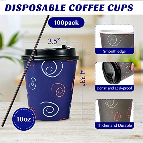 TV TOPVALUE 100 Pack 10 oz Paper Cups, Disposable Coffee Cups with Lids and Straws, Drinking Cups for Water, Coffee, Tea, Hot Coffee Cups for Home, Shops and Cafes