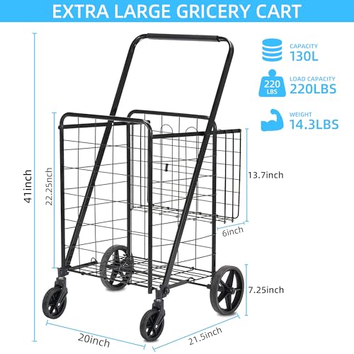 HABUTWAY Folding Shopping Cart with Removable Oxford Cloth Liner, Grocery Cart on Wheels,360°Swivel Wheels,Heavy Duty Shopping Carts for Groceries, 220lb Capacity Black