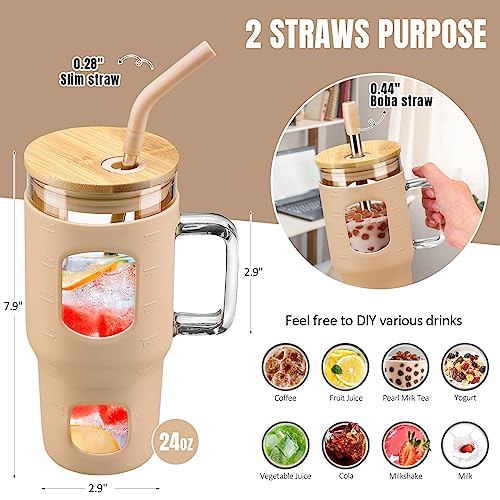 WINSA 24 oz Glass Tumbler with Lid and Straw, Iced Coffee Cup with Handle, Glass Water Bottles with Time Marker, 2 Straws - Pearl Straw & Drinking Straw Silicone Protective Sleeve-Amber