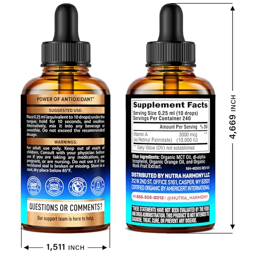 USDA Organic Vitamin A 10000 IU - Vitamin A Supplement Liquid Drops - Extra Strength for Skin Health, Eyes & Immune Support - Orange Flavour - Vegan & Sugar-free, Made in USA - 2 Fl Oz, 240-Day Supply