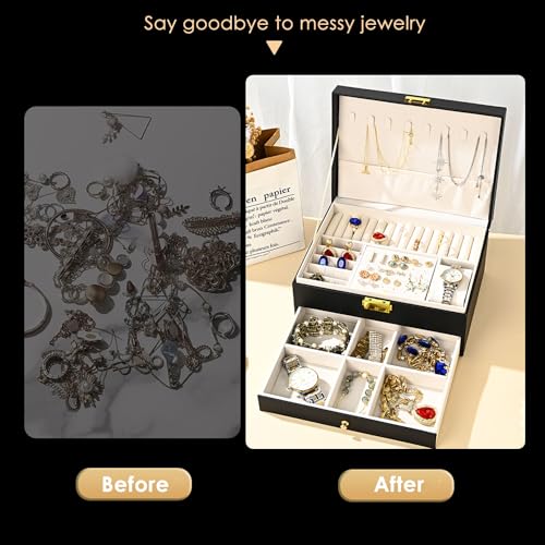 GUOER Jewelry Box for Women Girl Wife - Large PU Leather Jewelry Organizer Storage Case with Two Layers Display for Earrings Bracelets Rings Watches (Apricot)
