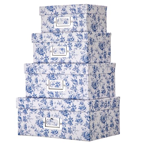 Briful Blue and white Porcelain Storage Boxes, Photos Storage Boxes with Lids 4 in 1 Set Water-proof Gift Boxes Sets Decorative Multiple Size Storage Bins for Clothes/Shoes/Office/Cosmetic/Books