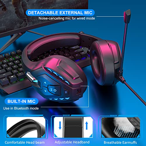 PHOINIKAS PS5 Gaming Headset for PS4, PC, Switch, Q10 Xbox One Headset with Stereo Sound, Detachable Mic, Wireless Bluetooth 5.3 Headphone only for Laptop/Phone/Tablet, 20H Battery (Red)