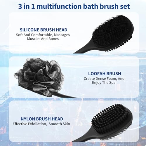 VWMYQ Silicone Back Scrubber for Shower, Bath Body Brush with Long Handle, Double Sided Shower Brush for Shower Exfoliating and Massage Can Produce Rich Foam, Long Handle Back Scrubber for Men