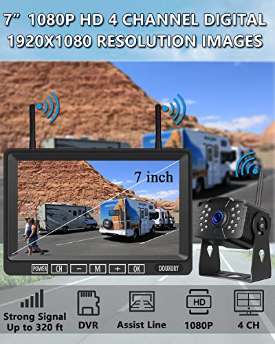 Wireless Backup Camera, DOUXURY IP69 Waterproof 170° Wide View Angle HD 1080P Backup Camera + HD LCD 7" Monitor, Digital Wireless Backup Camera System for RV Truck 5th Wheel Trailer Pickup Camper Bus