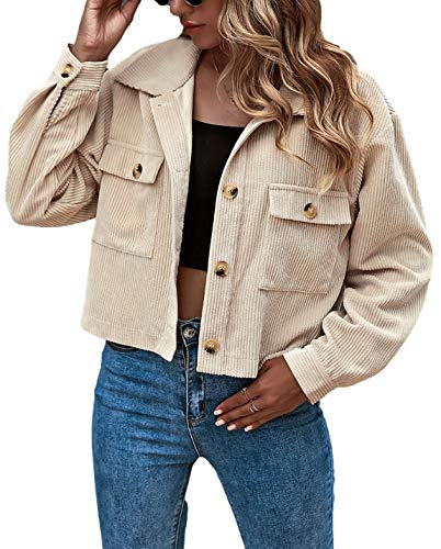 Gihuo Women's Fashion Cropped Shacket Button Down Corduroy Shacket Jackets Casual Plaid Long Sleeve Crop Shirts Jackets Tops (PlaidGreen-M)