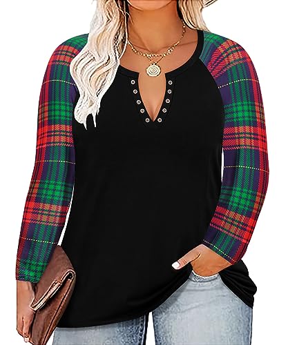 RITERA Plus Size Tshirt for Women Color Block Raglan Tunic Winter Long Sleeve Tops Oversized Halloween Bat Henley Shirt Loose Fit Pullover Sweatshirt V Neck with Ring Hole Shirts 1X 1Xl 14W 16W