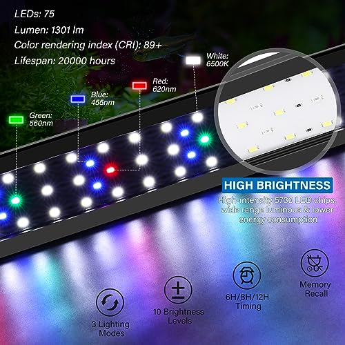 fishkeeper 24W LED Aquarium Light, Ultra-Thin Full Spectrum Fish Tank Light for Plants with Extendable Brackets for 33"~39" Tanks, Multi Color & 10-Level Dimmable, Adjustable Timer